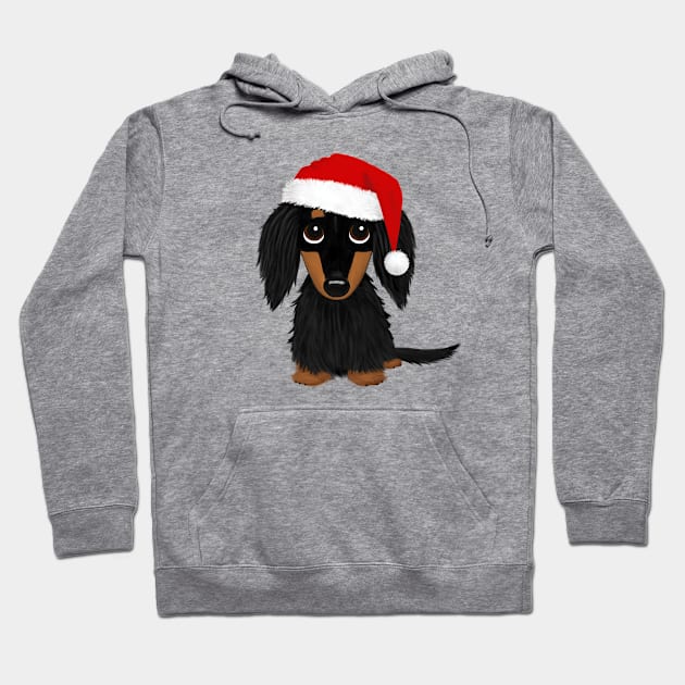 Longhaired Black and Tan Dachshund with Santa Hat Cute Christmas Dog Hoodie by Coffee Squirrel